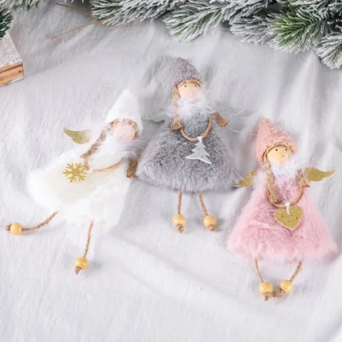 Plush Christmas Angel Ornaments With Sequin Wings Heart Pattern For Tree Decoration Festive Holiday Home Party Decor Kids Gift