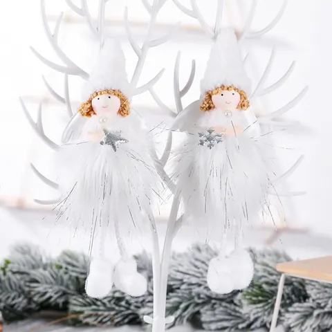Christmas Angel Plush Hanging Ornament Star Snowflake Wing Pink White Feather Doll Christmas Tree Decoration Home Gift
