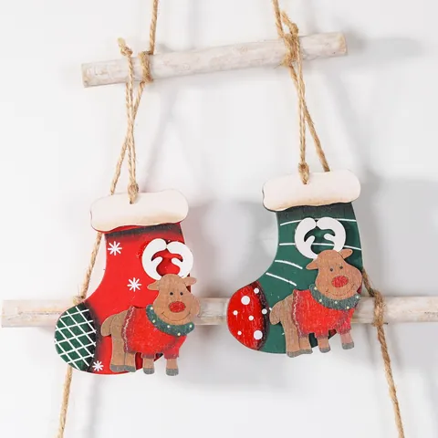 Ciondolo Vintage in Legno Calza di Natale Renna Decorazione per Albero di Natale Legno Dipinto Rosso Verde Addobbo Festivo