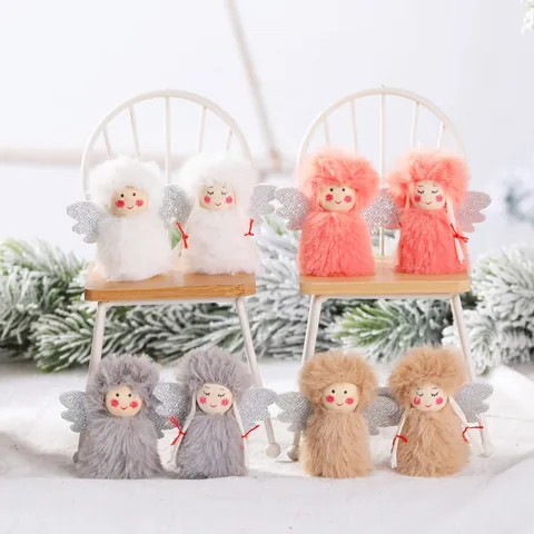 Ornements à Suspendre Ange en Peluche de Noël Faits à la Main Avec Tête en Bois Ailes Pailletées Argent Garçon Et Fille Déco