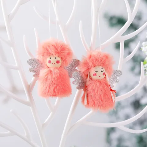 Ornements à Suspendre Ange en Peluche de Noël Faits à la Main Avec Tête en Bois Ailes Pailletées Argent Garçon Et Fille Déco