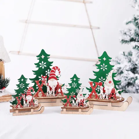 Décoration de Bureau Traîneau de Noël en Bois DIY Avec Père Noël Sapin Lettres Xmas Ornement de Table en Bois Peint