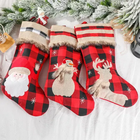 Rot Schwarz Karierte Weihnachtsstrümpfe Sackleinen Kunstfell Weihnachtsmann Schneemann Rentier Weihnachtsbaum Deko Geschenkbeutel