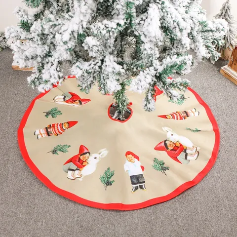 Gonna per Albero di Natale 90cm Peluche Corto Base Rotonda Con Bordo Rosso Stampa Cartone Ragazzo Ragazza Coniglio Decorazione