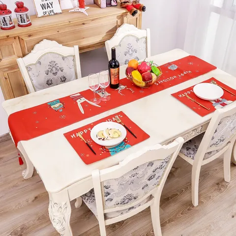 Christmas Table Runner Placemats Linen Blend Red Holiday Animal Pattern Tassel Xmas Decorations For Dining Room Home