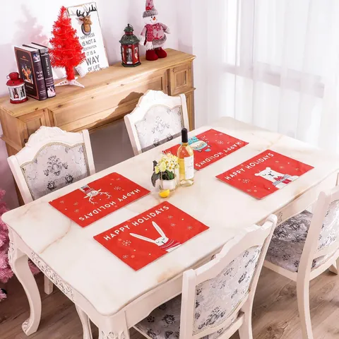 Christmas Table Runner Placemats Linen Blend Red Holiday Animal Pattern Tassel Xmas Decorations For Dining Room Home