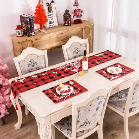 Christmas Red And Black Buffalo Plaid Place Mat Linen Festive Table Decoration Snowman Reindeer Tree Pattern For Dining Room