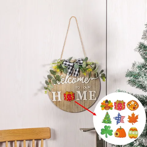 Round Wooden Welcome Door Sign Interchangeable Seasonal Magnetic Icons Farmhouse Hanging Plaque Home Porch Decor