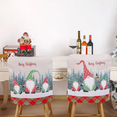 Weihnachts-Wichtel Leinen Stuhlbezüge Für Esszimmer Merry Christmas Karierte Rückenlehnenbezüge Festliche Home Party Deko