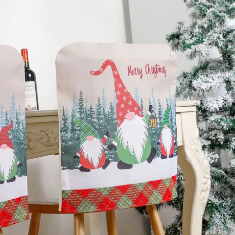 Weihnachts-Wichtel Leinen Stuhlbezüge Für Esszimmer Merry Christmas Karierte Rückenlehnenbezüge Festliche Home Party Deko