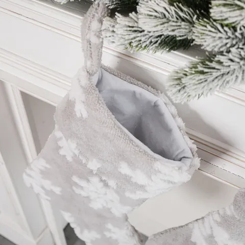 Calza di Natale Grande in Peluche Grigia Velluto di Cotone Shu Motivo a Fiocco di Neve Decorazione Natalizia Sospesa
