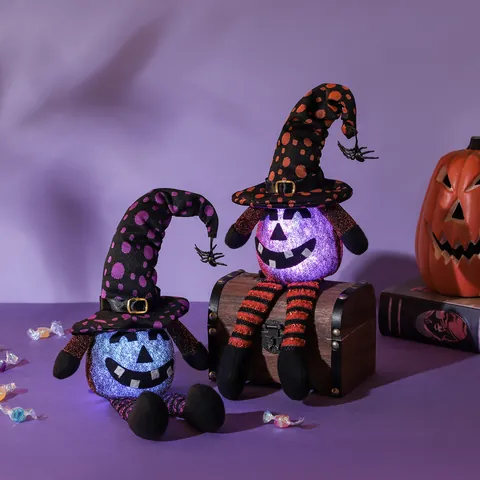 Halloween LED Φωτεινή Λούτρινη Κούκλα Νάνος Κολοκύθα Καπέλο Μάγισσας Αράχνη Μακριά Ριγέ Πόδια Διακοσμητικό Πάρτι