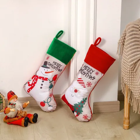 Calza di Natale Effetto Lino Motivo Babbo Natale Pupazzo di Neve Merry Christmas Ornamenti da Appendere per Casa Festa