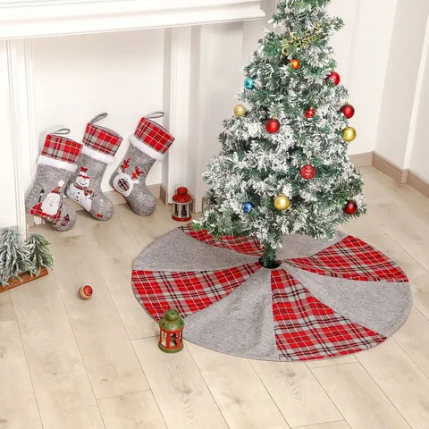 Christmas Tree Skirt Imitation Linen Red Plaid Gray Patchwork Eight Panel Holiday Decor Tree Mat For Home Party Ornament
