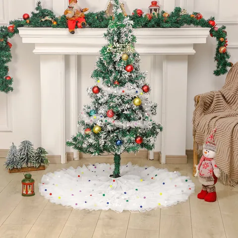 White Pleated Mesh Tulle Christmas Tree Skirt With Multicolor Pom Poms Festive Round Base Cover Decoration Home Party