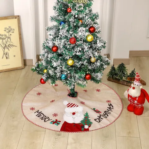 Ποδιά Χριστουγεννιάτικου Δέντρου Merry Christmas από Απομίμηση Λινού Μπεζ Στρογγυλό Διακοσμητικό Σχέδιο Άγιος Βασίλης Χιονάνθρωπος Νιφάδα Χιονιού Εορταστική Διακόσμηση Σπιτιού