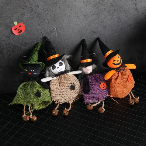 Halloween Bambole da Appendere in Iuta Strega Fantasma Zucca Gatto Nero Ciondolo Con Campanello per Festa Casa Decorazione