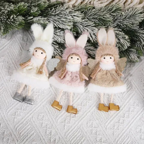 Ángel de Navidad Conejo Peluche Adorno Colgante Orejas Largas Falda de Encaje Muñeca Alas de Lentejuelas Decoración de Árbol