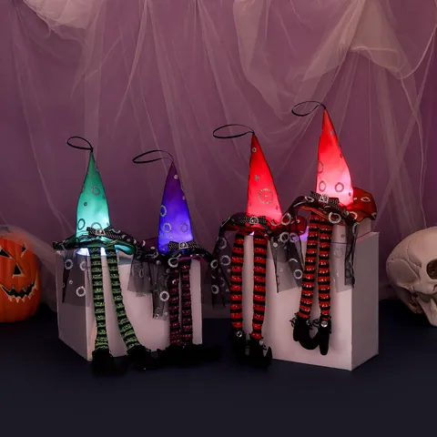 Halloween Glowing Witch Hat Hanging Decoration Striped Long Legs Witch Doll With LED Light For Party Home Decor