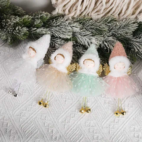 Christmas Angel Doll Hanging Ornaments Plush Mesh Fairy Figurine With Wings Bells Xmas Tree Decoration Home Party Holiday Gift