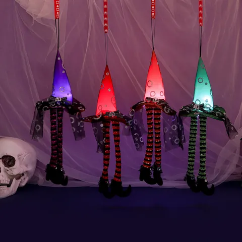 Halloween Glowing Witch Hat Hanging Decoration Striped Long Legs Witch Doll With LED Light For Party Home Decor