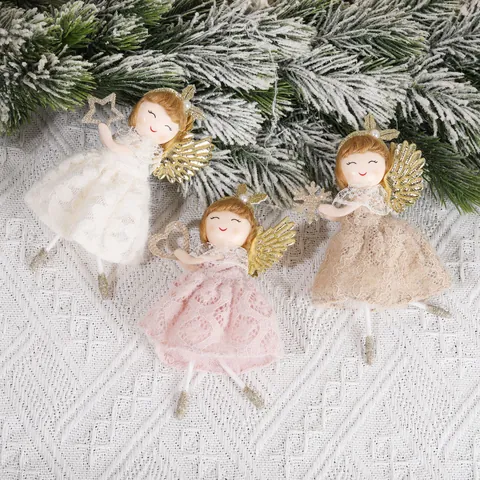 Ornement Suspendu Poupée Ange de Noël en Dentelle Fait Main Avec Ailes Dorées Pailletées Coeur Étoile Flocon de Neige Pour Décoration de Sapin Maison