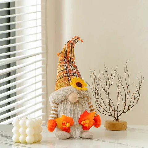Autumn Harvest Festival Gnome Plush Decoration Sunflower Maple Leaf Faceless Gnome Doll For Thanksgiving Table Window Ornament