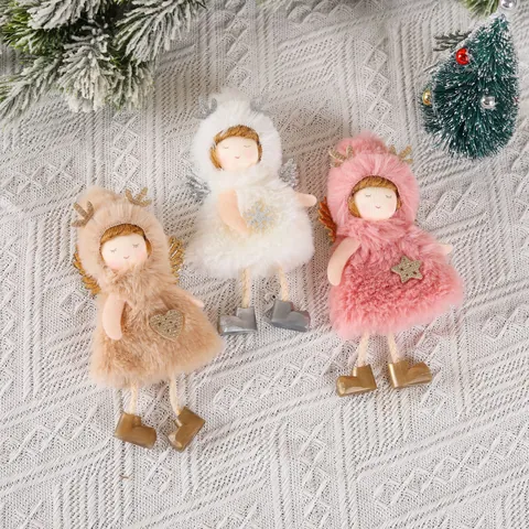 Ornamento da Appendere Bambola Angelo di Peluche Natalizio Fatto a Mano Corna di Renna con Paillettes Ali Fiocco di Neve Stella Arredamento
