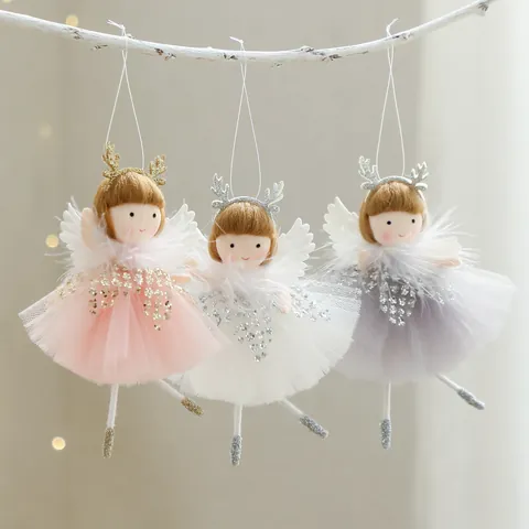 Adorno Colgante de Ángel de Navidad Con Falda de Malla de Lentejuelas y Alas de Plumas Muñeca de Hada para Decoración