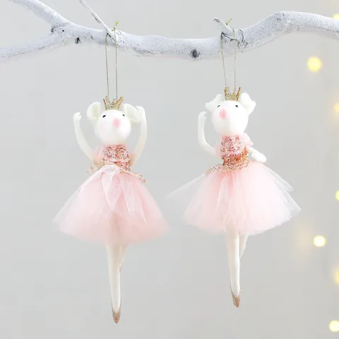 Christmas Ballerina Mouse Hanging Ornament With Pink Tulle Tutu And Golden Crown White Wool Felt Mouse Pendant For Xmas Tree