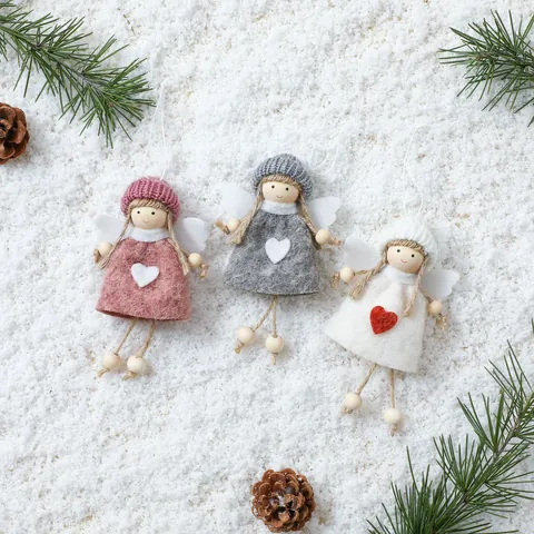 Handmade Christmas Angel Ornament Knitted Hat Girl Pendant Felt Heart Wings Hanging Decor For Christmas Tree Home Party