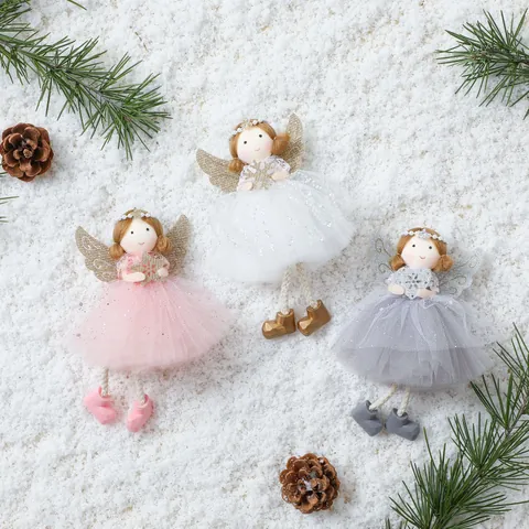 Weihnachtsengel Puppe Anhänger Künstliche Perlenkrone Glitzerflügel Netzrock Engel Ornament Für Weihnachtsbaum Haus Dekoration