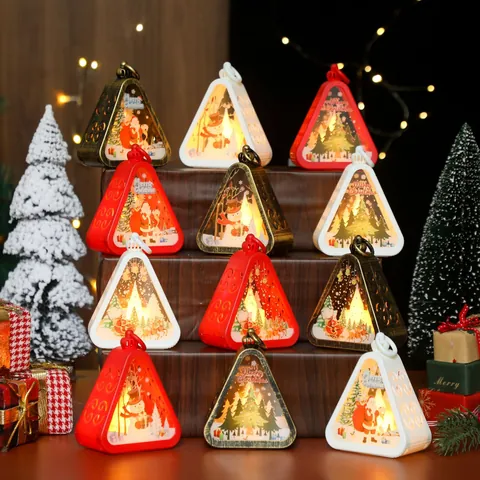Vintage Christmas LED Triangular Lantern Retro Santa Claus Snowman Night Light Festive Desktop Ornament Home Decor Gift