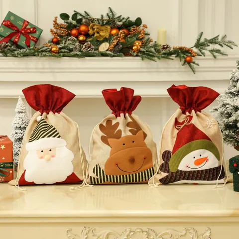Christmas Burlap Drawstring Gift Bags Santa Snowman Reindeer Applique Candy Storage Bags For Holiday Party Kids Gift Pouches