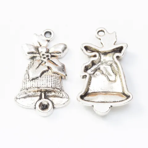 Vintage Alloy Christmas Bell Pendant With Bowknot Holly Leaf For DIY Jewelry Making Antique Bronze Silver Metal Hanging Charm