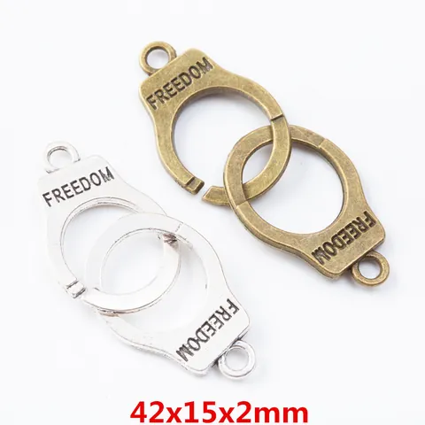 Retro Zinc Alloy Handcuff Charms Connector With Freedom Letter Engraved Antique Bronze Silver DIY Jewelry Making Pendant