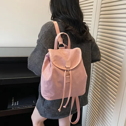 Vintage Women Suede Drawstring Backpack Retro Minimalist Flap Fashion Shoulder Bag Casual Large Capacity School Travel Backpack