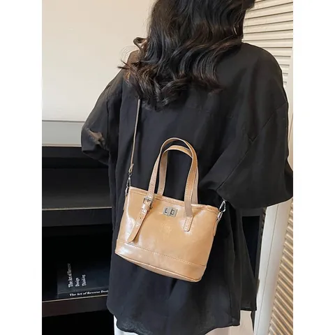 Bolso Cubo de Cuero PU Vintage para Mujer Diseño Coreano Bolso de Hombro Cruzado Con Cierre de Metal Color Sólido Tote Diario