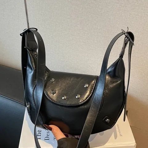 Vintage PU Leather Rivet Underarm Bag For Women Fashion Solid Color Small Hobo Shoulder Bag Casual Crossbody Dumpling Bag