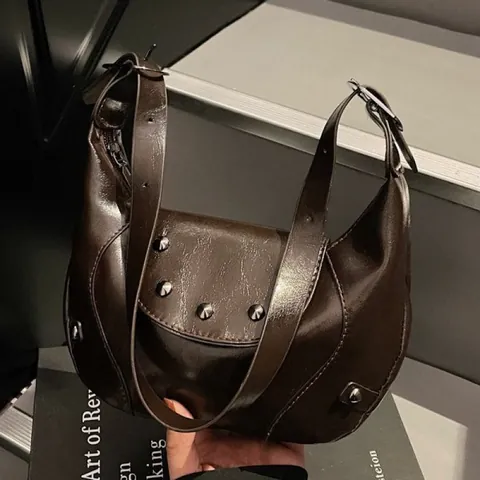 Vintage PU Leather Rivet Underarm Bag For Women Fashion Solid Color Small Hobo Shoulder Bag Casual Crossbody Dumpling Bag