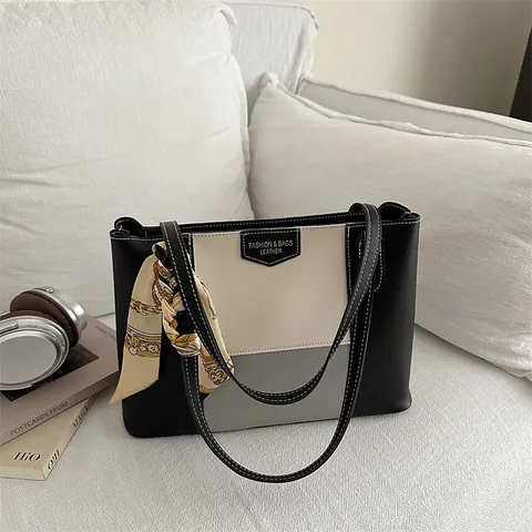 Women Patchwork Tote Bag With Decorative Scarf Large Capacity Synthetic Leather Commuter Shoulder Handbag Fashion Designer Bag