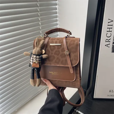 Women Leopard Print Patchwork Backpack Vintage Fashion PU Leather Shoulder Bag With Cute Bunny Charm Student School Travel Bag