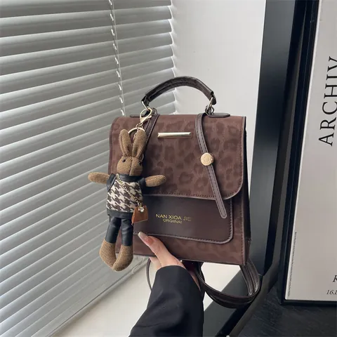 Vintage Leopard Print Women Backpack Niche Design PU Leather Handbag With Rabbit Pendant Fashion Multi-way Shoulder Bag