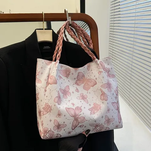 Women Fashion Butterfly Print Tote Bag With Braided Rope Straps Large Capacity PU Leather Shoulder Bag For Daily Commuting