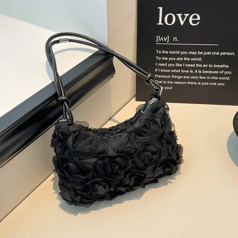 Women Fashion 3D Rose Flower Shoulder Bag Elegant Organza Lace Handbag Portable Underarm Bag For Wedding Party Gift