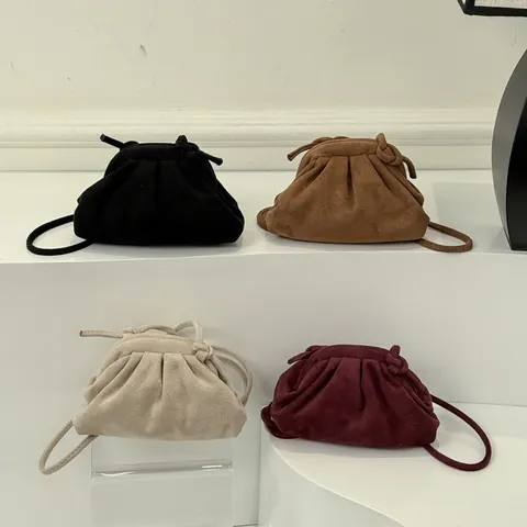 Vintage Ruched Faux Suede Cloud Crossbody Bag For Women French Style Dumpling Shoulder Bag Minimalist Shell Shape Pouch