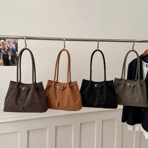 Women Retro Matte Suede PU Leather Tote Bag Large Capacity Shoulder Bag With Wooden Bead Charm Minimalist Underarm Handbag