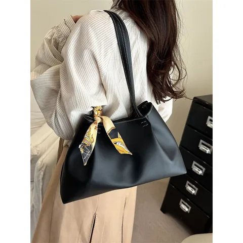 Set di Borse Tote da Donna Minimaliste di Grande Capacità con Decorazione a Sciarpa Borsa a Tracolla in Pelle Sintetica e Pochette