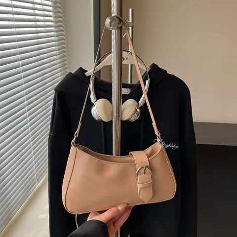 Bolso de Axila de Cuero Sintético Minimalista para Mujer Gran Capacidad Color Sólido Hebilla de Metal Plateado Bolso de Hombro Hobo