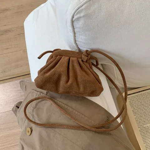 Women Pleated Cloud Pouch Bag Suede Texture Minimalist Vintage Shoulder Crossbody Dumpling Bag Solid Color Elegant